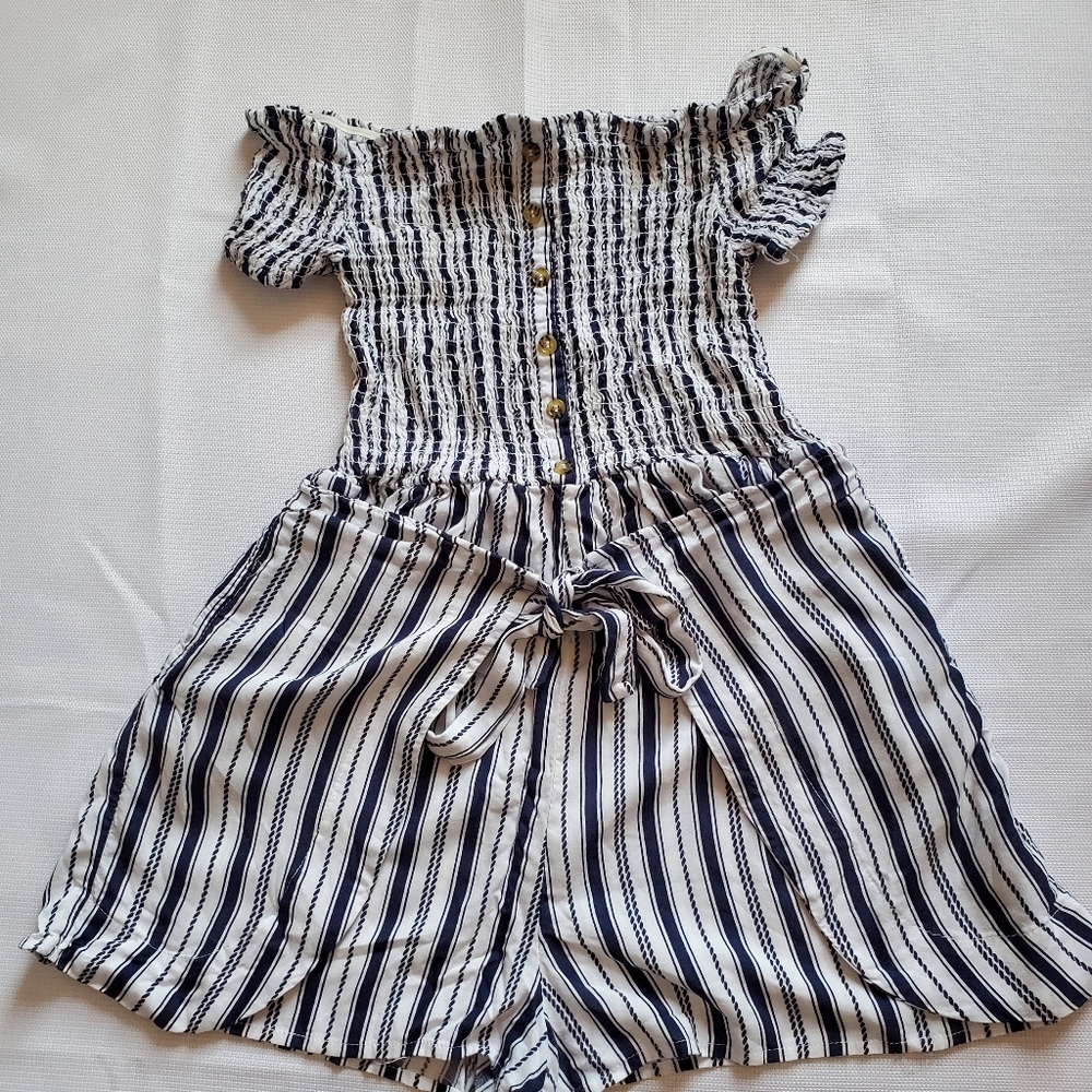 White Navy Striped Off Shoulder Romper Size L